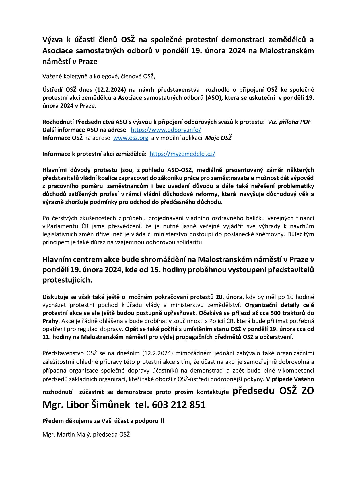 Výzva k účasti na společné protestní akci zemědělců a ASO-OSŽ 19. února 2024 v Praze